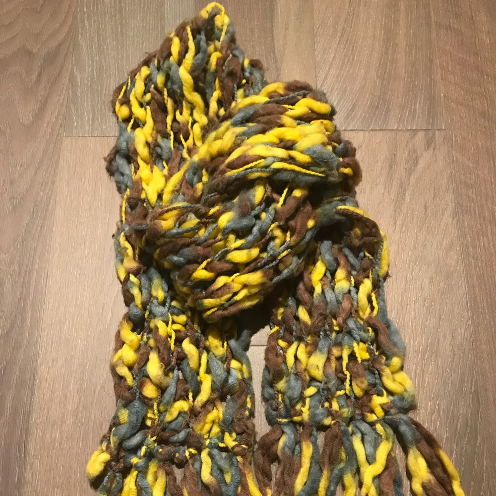 Extra Chunky Wool Scarf - Green, Yellow and Grey